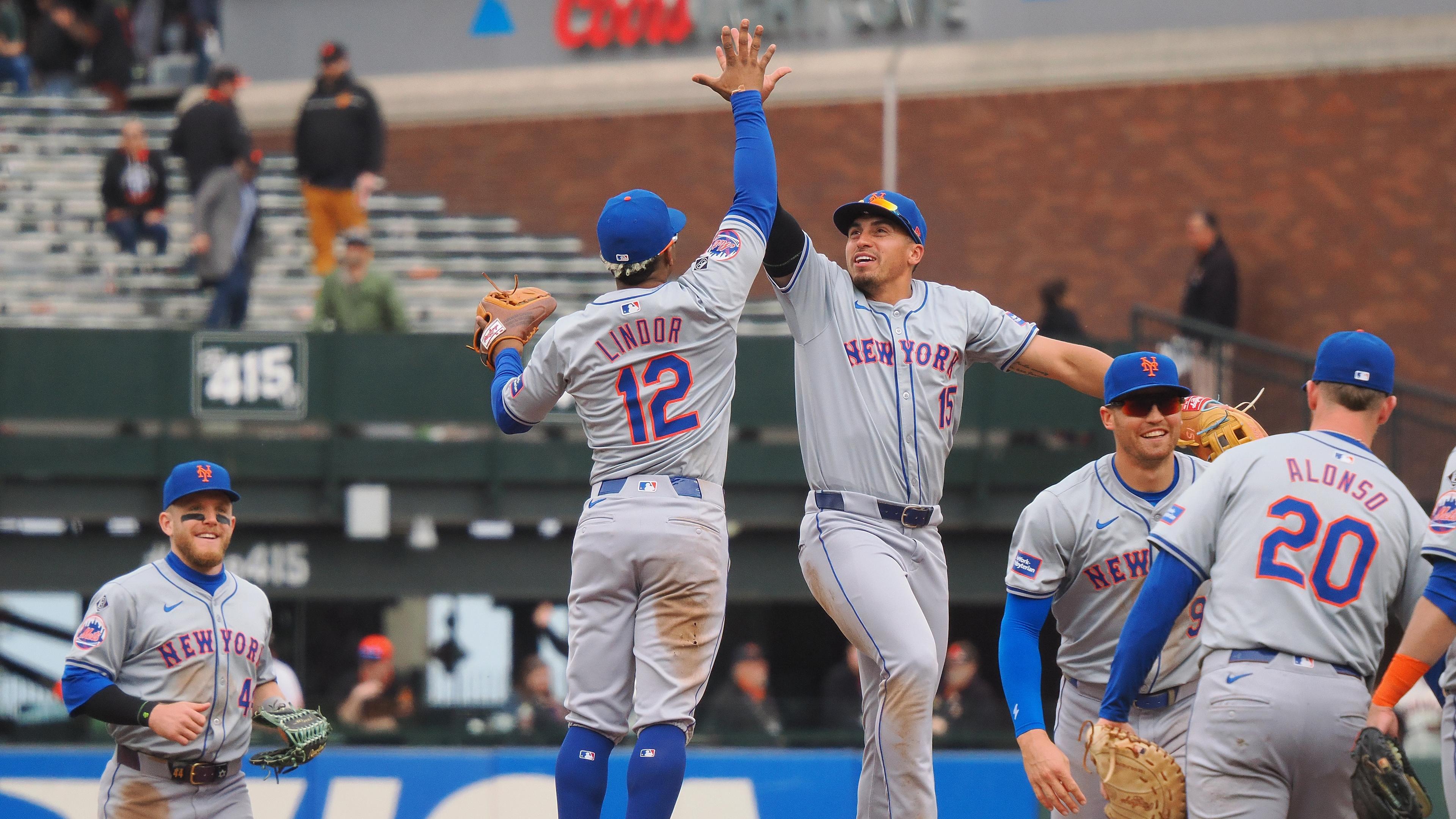 Apr 24, 2024; San Francisco, California, USA; New York Mets shortstop Francisco Lindor (12) high fives right fielder Tyrone Tyler (15) after the game against the San Francisco Giants at Oracle Park. / Kelley L Cox - USA TODAY Sports