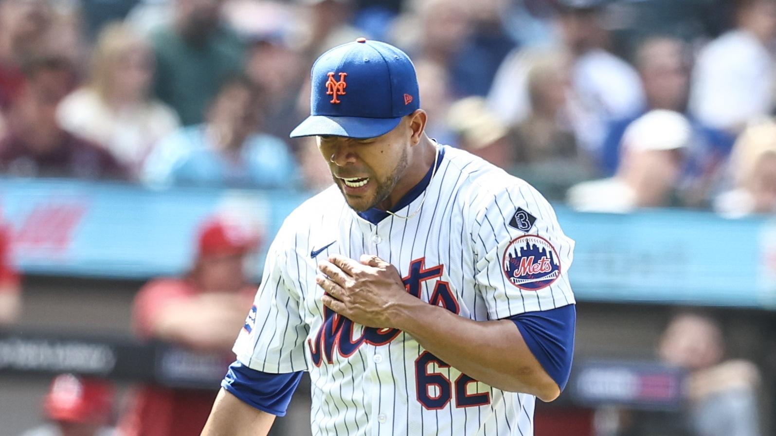 Apr 28, 2024; New York City, New York, USA; New York Mets starting pitcher Jose Quintana (62) celebrates after retiring the side in the seventh inning against the St. Louis Cardinals at Citi Field. Mandatory Credit: Wendell Cruz-USA TODAY Sports / © Wendell Cruz-USA TODAY Sports