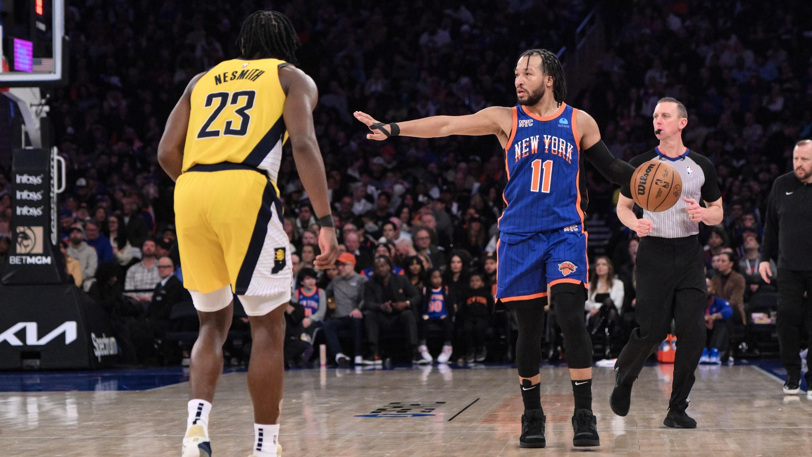 Feb 10, 2024; New York, New York, USA; New York Knicks guard Jalen Brunson (11) sets the play while being defended by Indiana Pacers forward Aaron Nesmith (23) during the third quarter at Madison Square Garden. / John Jones-USA TODAY Sports
