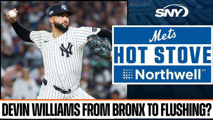 Yankees pitcher in mid-throw with text asking "Devin Williams from Bronx to Flushing?" alongside Mets Hot Stove