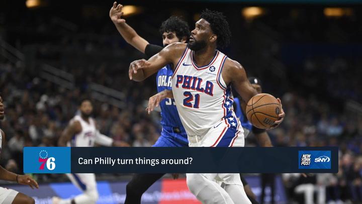 Alt text: Philadelphia player drives the ball; Knicks and Nets season analysis continues.