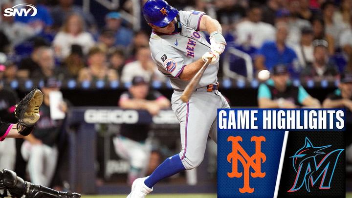 Game highlights between Mets and Marlins featuring a Mets player at bat.