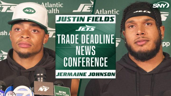Justin Fields and Jermaine Johnson at Jets trade deadline news conference.