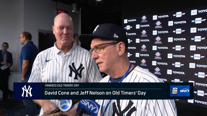 David Cone and Jeff Nelson discuss Old Timer's Day at Yankee Stadium in Yankees uniforms.