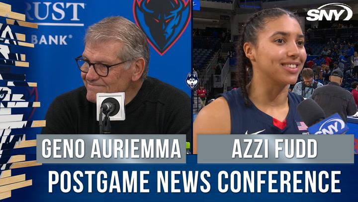 Geno Auriemma and Azzi Fudd discuss UConn's 84-58 win over DePaul at a press conference.