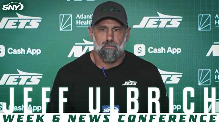 Jeff Ulbrich addresses media as Jets' interim head coach, discussing play-calling duties.