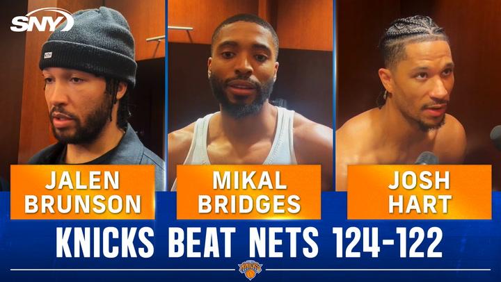 Jalen Brunson, Mikal Bridges, and Josh Hart discuss Knicks' 124-122 win over the Nets.