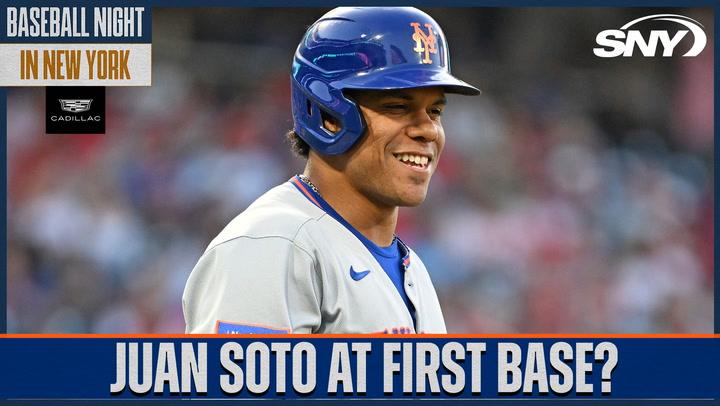 Juan Soto at first base, Baseball Night in New York, SNY network.