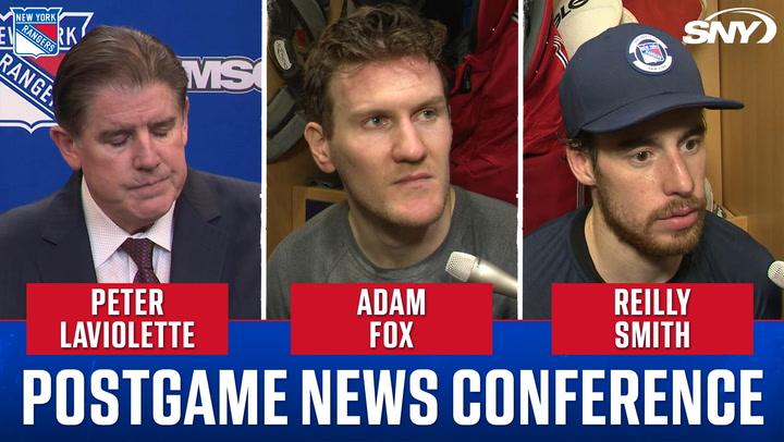 Postgame conference: Peter Laviolette, Reilly Smith, Adam Fox on Rangers' tough 5-4 loss.