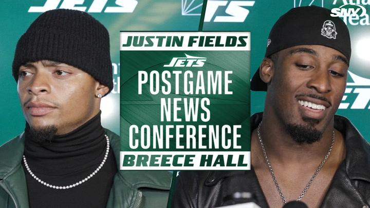 Justin Fields and Breece Hall at Jets postgame news conference.