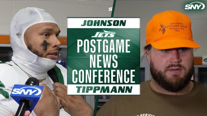 Jets Postgame News Conference with Johnson and Tippmann, SNY microphones visible.