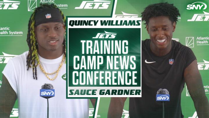Jets' Quincy Williams and Sauce Gardner at a news conference.