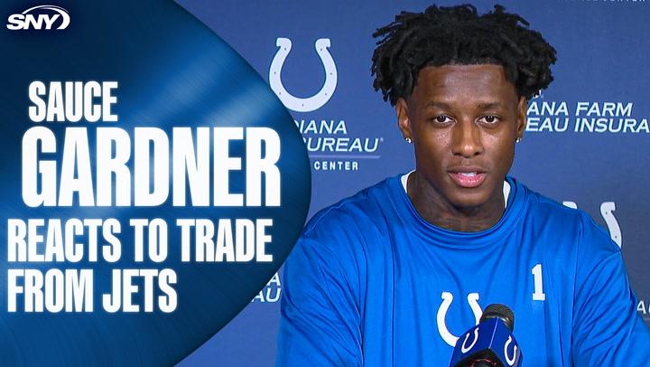 Sauce Gardner reacts to trade from Jets to Colts during press conference.