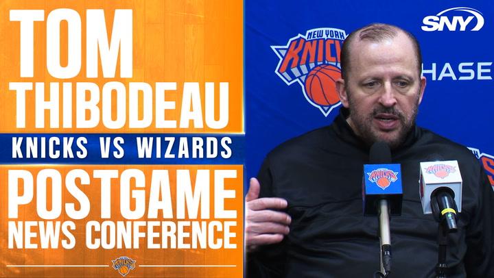 Tom Thibodeau praises Knicks' energy, teamwork in postgame conference after 134-106 win.