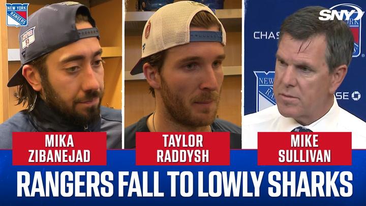Mika Zibanejad, Taylor Raddysh, and Mike Sullivan react as the Rangers fall to the Sharks.