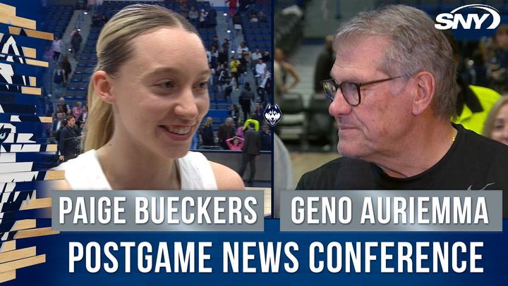 Paige Bueckers and Geno Auriemma discuss UConn's win over Butler and fan support at a conference.