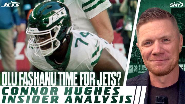 Connor Hughes analyzes Jets' draft pick Olu Fashanu's first start at left tackle amid injuries.