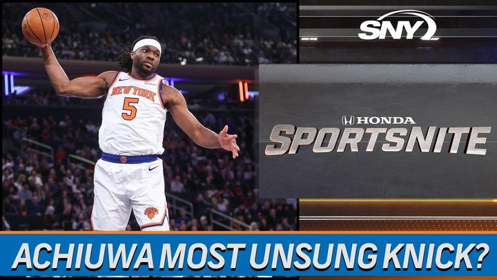 Basketball player in Knicks jersey mid-jump. Text: "Achiuwa Most Unsung Knick?" on SportsNite.