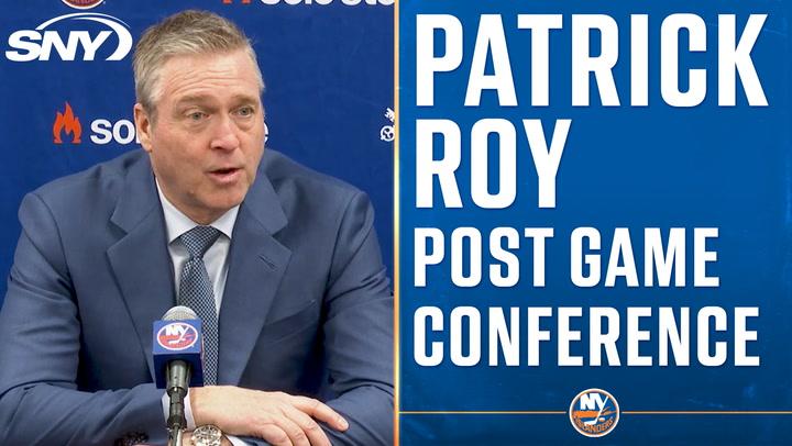 Patrick Roy at post-game conference after 5-4 win over Blackhawks, discussing defense issues.