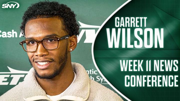 Garrett Wilson speaks on Aaron Rodgers' leadership at Jets' Week 11 news conference.