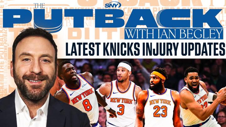 Ian Begley discusses Knicks injury updates with panel, featuring images of Hart and Robinson.