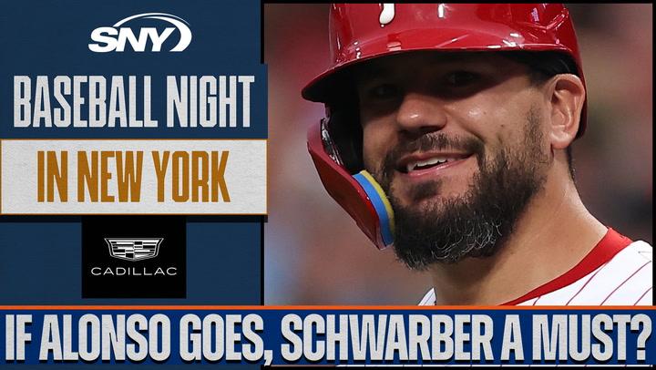 SNY Baseball Night in New York graphic with headline: "If Alonso goes, Schwarber a must?" and a photo of
