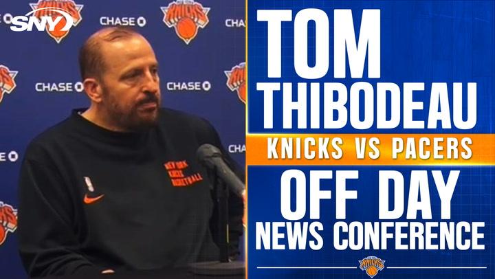 Tom Thibodeau discusses the Knicks' loss to Celtics and upcoming Pacers game at a conference.