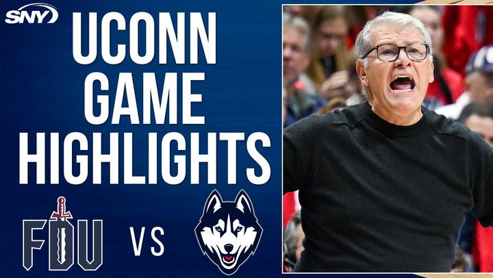 Alt text: "UConn vs FDU highlights; UConn Women's Basketball victory on 11/20/24, led by Sarah Strong and Paige Bueckers."