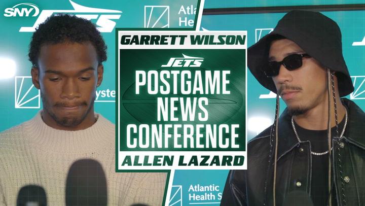 Garrett Wilson and Allen Lazard at Jets postgame conference, discuss red zone struggles.