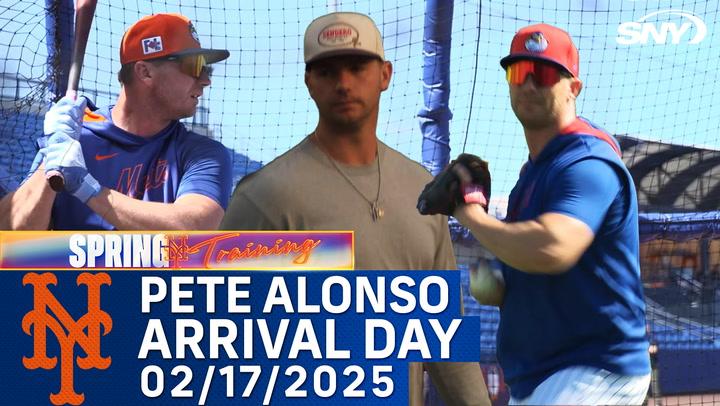 Pete Alonso arrives at 2025 Mets spring training, does fielding drills, and takes BP