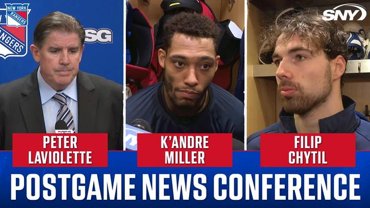 Peter Laviolette, K'Andre Miller, and Filip Chytil react after Rangers' 6-1 win vs. Flyers.