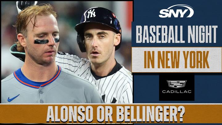 Pete Alonso and Cody Bellinger featured with the text "SNY Baseball Night in New York" and "Alonso or