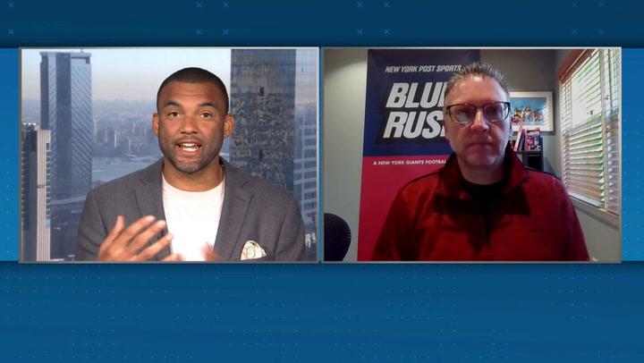 Two hosts discuss Giants' loss to Eagles. Saquon Barkley's performance is highlighted.