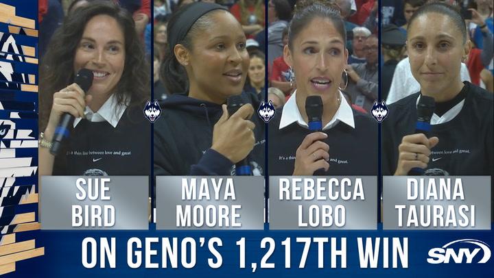 Former UConn stars Sue Bird, Maya Moore, Rebecca Lobo, and Diana Taurasi honor Geno Auriemma.