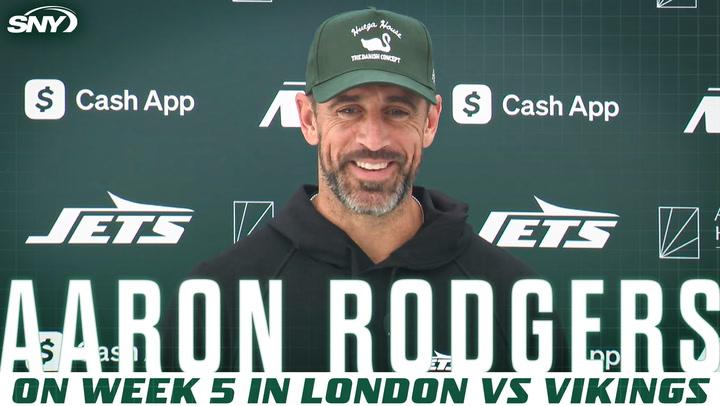 Aaron Rodgers discusses Davante Adams rumors and Jets' offense improvement for London game.