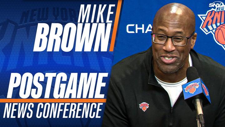 Mike Brown speaks at a New York Knicks postgame news conference.