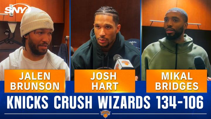 Jalen Brunson, Josh Hart, and Mikal Bridges discuss the Knicks' 134-106 win over the Wizards.