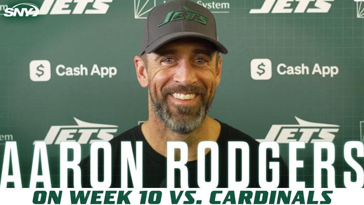 Jets QB Aaron Rodgers discusses Week 10 energy vs. Cardinals, momentum from Texans win.