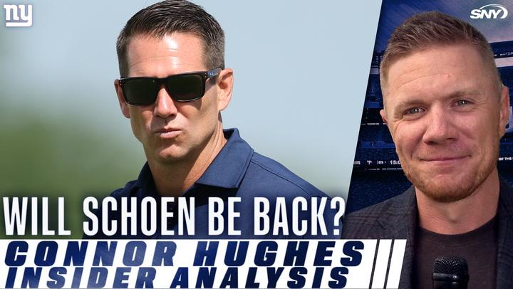 "Will Schoen Be Back? Connor Hughes Insider Analysis" with New York Giants logos and images of Joe Schoen and Connor