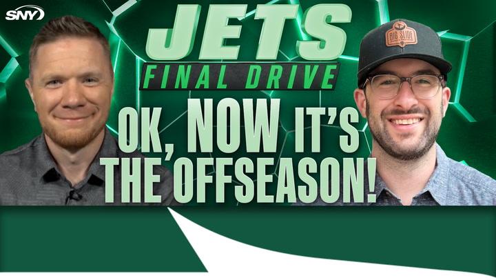 Two men with the text "Jets Final Drive OK, Now It's the Offseason!" and SNY logo.