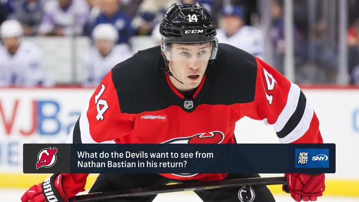 NJ Devils player on the ice, focused for the west coast road trip starting in Vancouver.