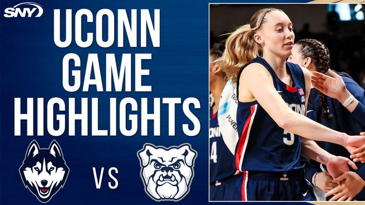 UConn vs Butler highlights image; Paige Bueckers leads UConn to 86-47 win with 23 points.