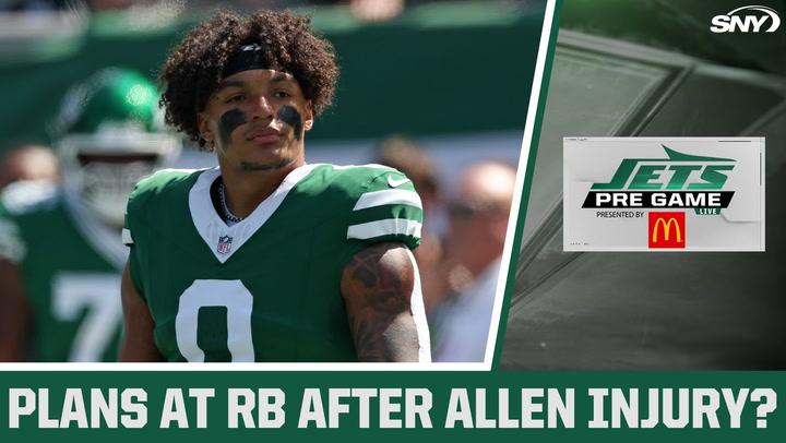 Jets Pre Game segment on SNY with headline "Plans at RB after Allen injury?" featuring a Jets player in uniform.