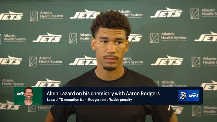 Jets WR Allen Lazard discusses chemistry with Aaron Rodgers and Week 2 goals vs the Titans.