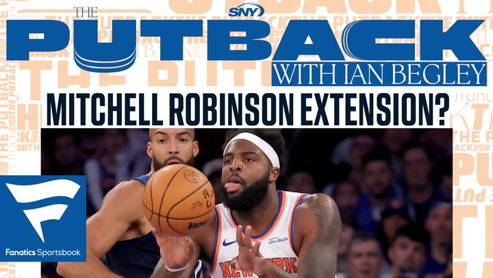 Mitchell Robinson of the Knicks reaching for a basketball with text asking "Mitchell Robinson Extension?" on The Putback with Ian