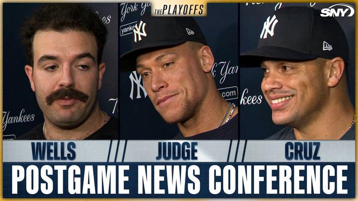 Wells, Judge, and Cruz of the Yankees at the postgame news conference during the playoffs.