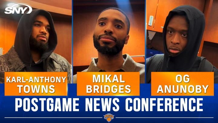 Karl-Anthony Towns, Mikal Bridges, and OG Anunoby in postgame conference after Knicks' win.