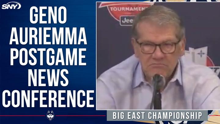 Geno Auriemma discusses UConn's win, praising Sarah Strong and Paige Bueckers' performances.