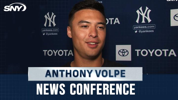 Anthony Volpe at a Yankees news conference discussing Juan Soto and embracing New York pressure.