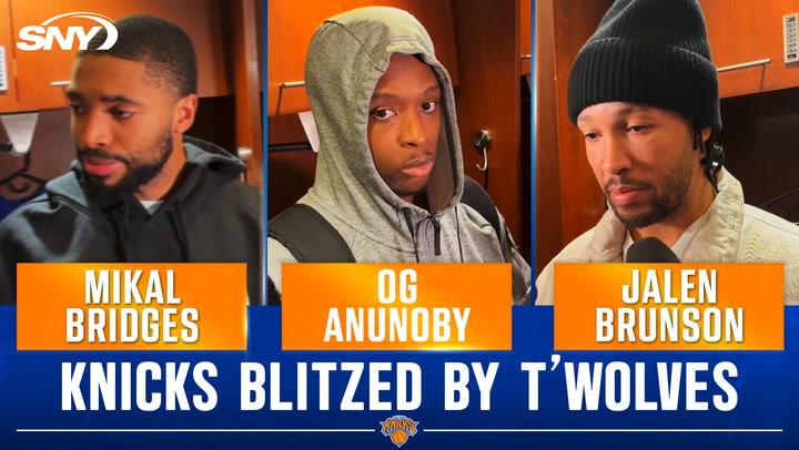 Three players comment on Knicks' effort in loss to Timberwolves. Text: "Knicks blitzed by T'Wolves."